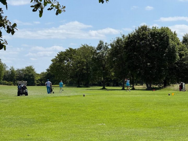 In vollem Gang: die traditionellen Swedish Open. Mehr als 80 Golfer zum Teil in gelb und blau bei Sonnenschein auf…